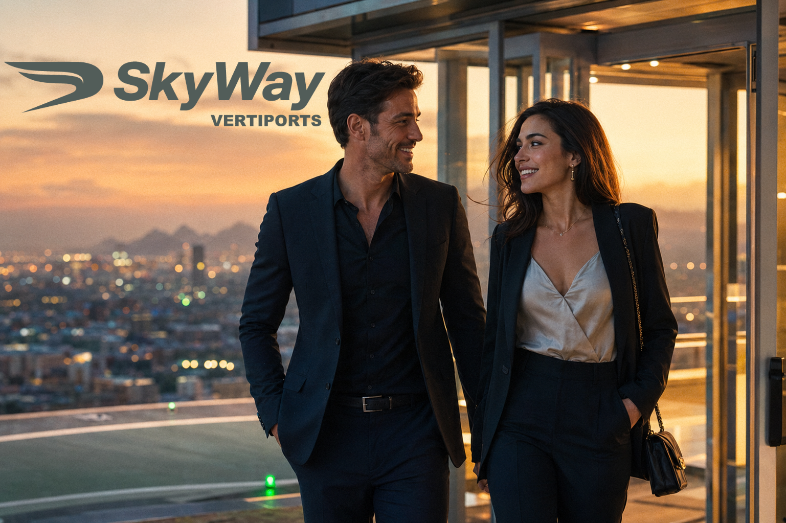 Passengers arriving at a SkyWay vertiport at dusk